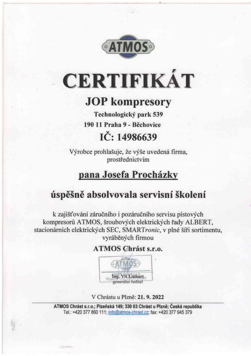 Certifikát kompresory Atmos